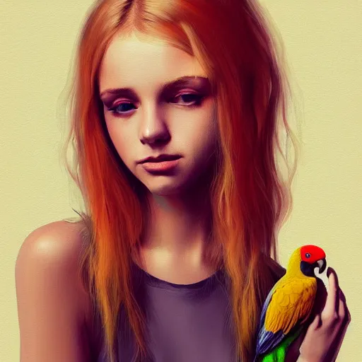 Prompt: portrait of a young blonde alternative instagram girl with a parrot, upper body, long hair, intricate, highly detailed, digital painting, artstation, concept art, matte, sharp focus, illustration