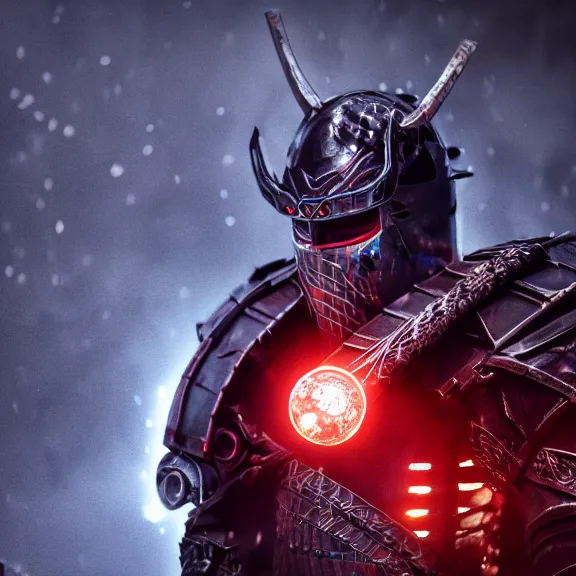 Image similar to advanced metal samurai armor, glowing led, splash art, movie still, cinematic lighting, dramatic, octane render, long lens, shallow depth of field, bokeh, anamorphic lens flare, 8k, hyper detailed, 35mm film grain