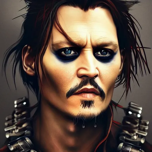 Prompt: johnny depp portrait, dystopia core, apocalyptic, armor, warrior, dramatic, sharp focus, fiction, neon, fantasy, hyper detailed, digital art, trending in artstation, cinematic lighting, studio quality, smooth render, unreal engine 5 rendered, octane rendered, art style and nixeu and wlop and krenz cushart