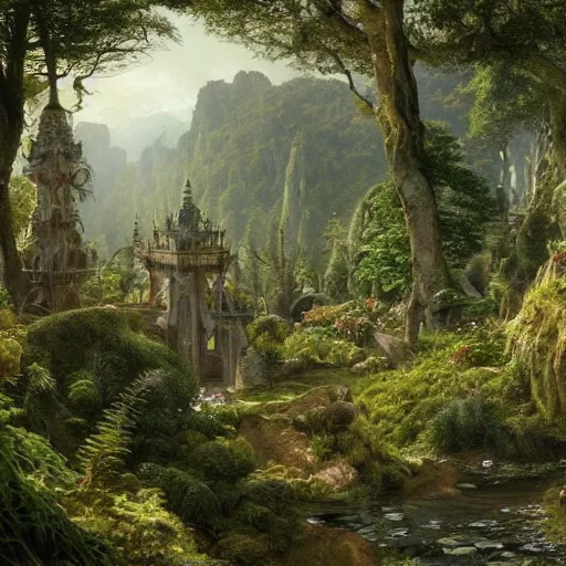 Image similar to a beautiful and highly detailed matte painting of an elven garden palace in a breath taking forest in a deep valley in the beautiful mountains of avalon, intricate details, epic scale, insanely complex, 8 k, sharp focus, hyperrealism, very realistic, by caspar friedrich, albert bierstadt, james gurney, brian froud,