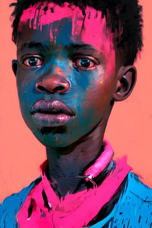 Image similar to portrait of a african young boy nor living in a death postapoliptic world, painted in acrylic, pigment, in the colors hot pink and cyan, beautiful realistic face, rule of thirds, soldier outfit, spotlight, by greg rutkowski, by jeremy mann, by francoise nielly, by van gogh, digital painting