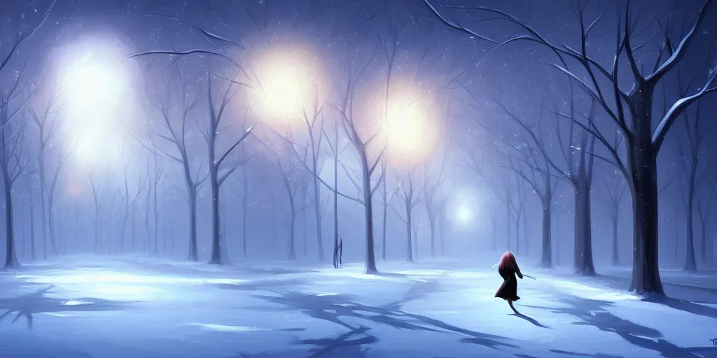 Image similar to a painting of a person walking in the snow, concept art by cyril rolando, featured on deviantart, metaphysical painting, anamorphic lens flare, 2 d game art, concept art