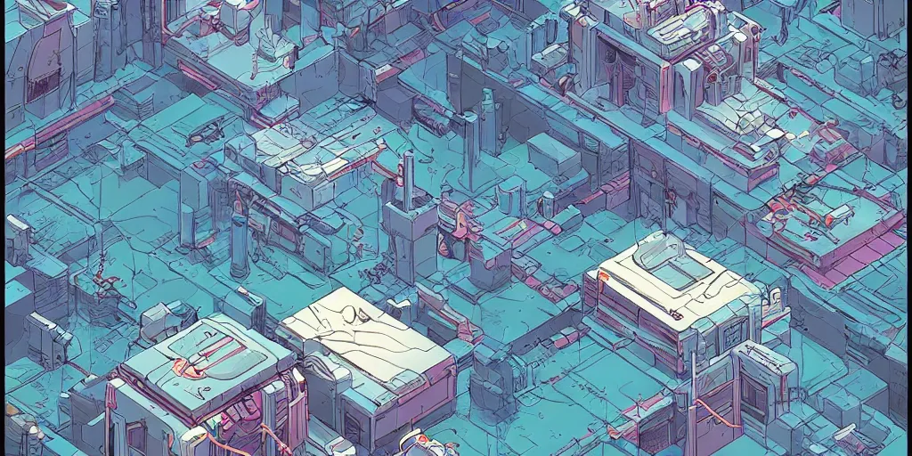 Image similar to a mile above a cyberpunk landscape. isometric perspective. science fiction art. near future world moebius