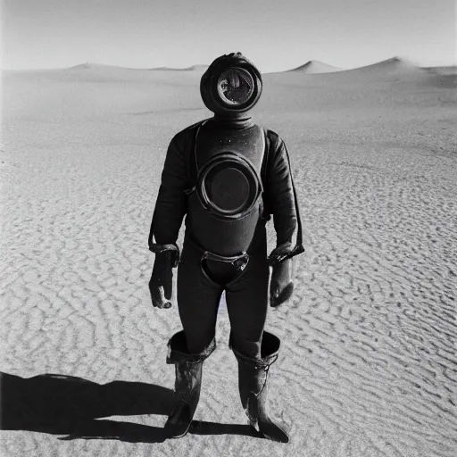 Image similar to a man wearing an old diving suit, in the desert, arriflex 35