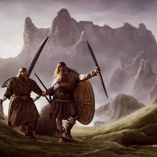 Image similar to viking fighting against a giant fantasy art, matte painting
