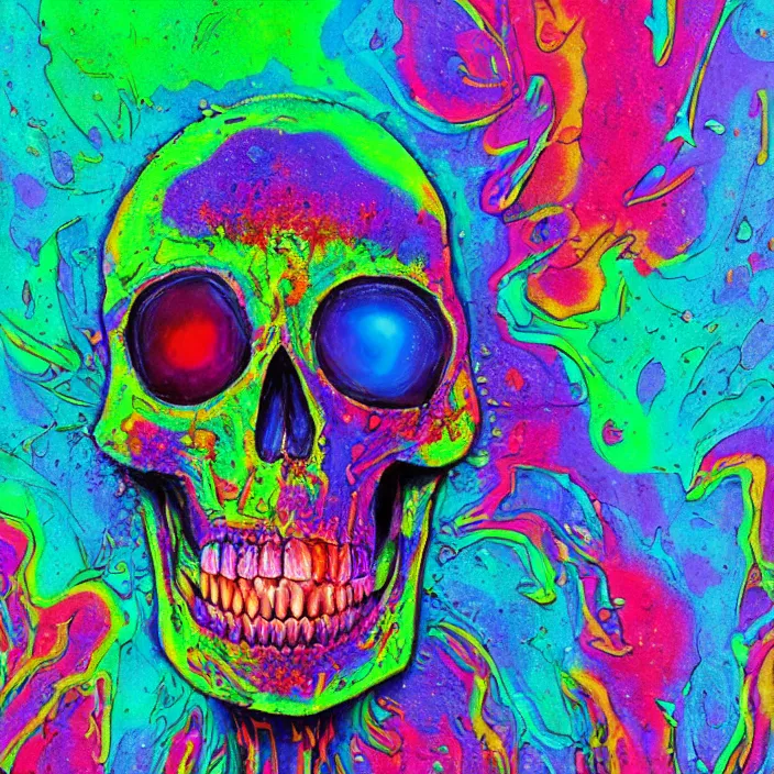 Image similar to portrait of an acid lsd psychedelic melting skull. razor sharp teeth. infected with rainbow fungi. intricate abstract. intricate artwork. interdimensional, by Tooth Wu, wlop, beeple, dan mumford. octane render, trending on artstation, greg rutkowski very coherent symmetrical artwork. cinematic, hyper realism, high detail, octane render, 8k, iridescent accents