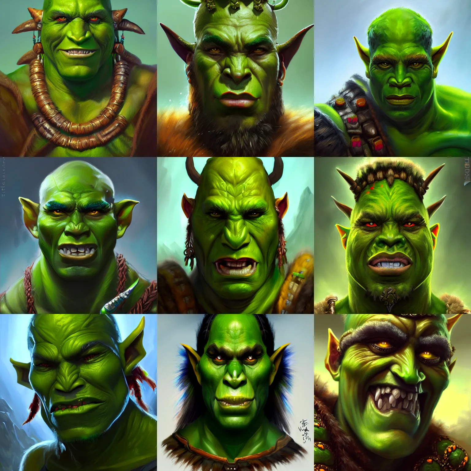 Prompt: concept art oil painting, fantasy portrait of a green - skinned orc war shaman, extremely detailed, brush hard, trending on artstation, 8 k resolution artwork, painting with detailed realistic face