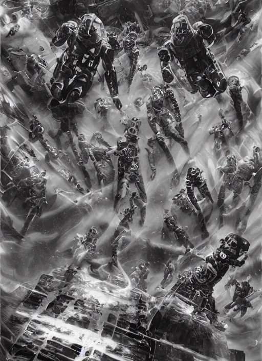 Image similar to astronauts in dark and empty void underwater poster - complex and hyperdetailed technical suit. go pro selfie. reflection and dispersion materials. rays and dispersion of light. volumetric light. wide lens, f / 3 2. noise film photo. flash photography. poster by wayne barlowe, hajime sorayama aaron horkey, craig mullins