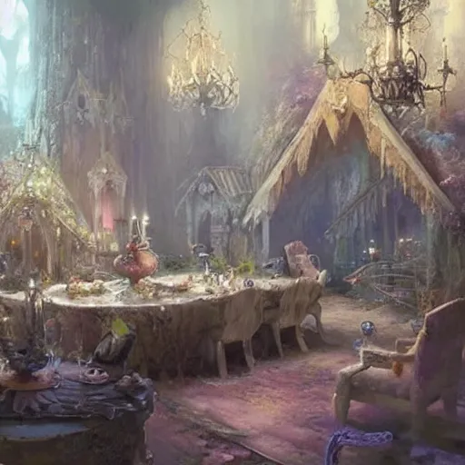 Image similar to a beautiful interior of a fairy castle's hall, wide angle, fully decorated, furnished with fairy furniture, fairy aesthetics, fairy lights, fairycore. concept art by greg rutkowski, elena dudina. high details, soft colour palette, dreamy