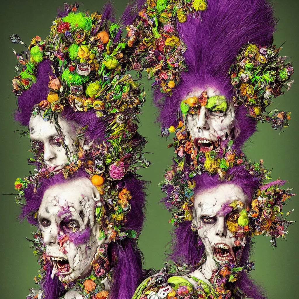 Prompt: a portrait of a punk rock zombie, full head and shoulders visible, purple mohawk, skin blossoming with crystals fruit and flowers, Baroque, art by Arcimboldo, art by Fragonard, expressionistic, neon green background