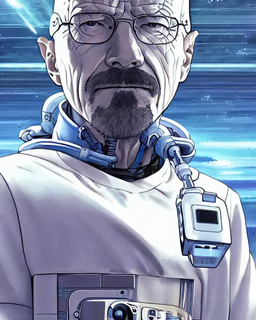 Image similar to portrait of walter white as a robot, cybernetic enhancements, art by makoto shinkai and alan bean, yukito kishiro