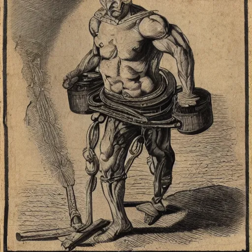 Image similar to a muscular bald man carrying engines on his back, technical diagram