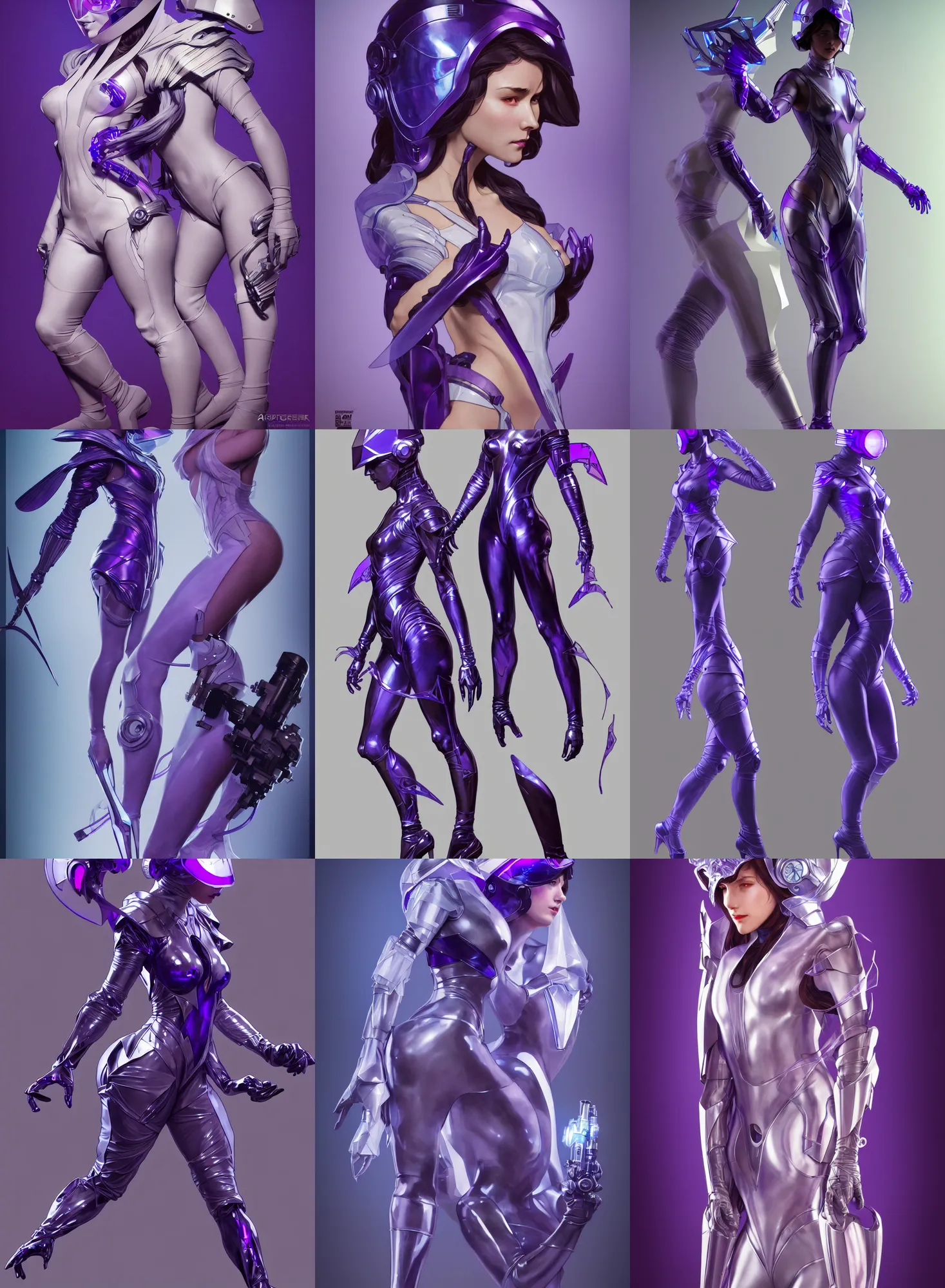 Prompt: a full body character design by artgerm, greg rutkowski and alphonse mucha. sci - fi dagger. laser and bluish violet translucent plastic tape project show attctive showgirl!! sci - fi helmet!! sharp edges. ultra clear detailed. contour light effect!! 8 k. ultra detailed, elegant, intricate, octane render.