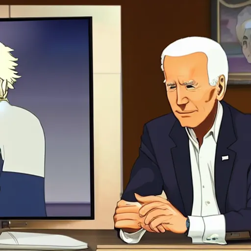 Prompt: joe biden watching anime in the metaverse with donald trump below his desk -4k
