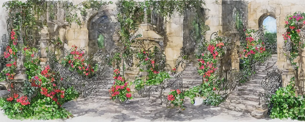 Image similar to courtyard walkway, inflatabel fountain, castle, stairway, chairs, wrought iron, gate, botanic garden, botanical herbarium paper, watercolor colored painting, iridescent colors, realistic shaded, fine, artstation, italian style, colonnade ornate headdress, craving, carved, insanely detailed