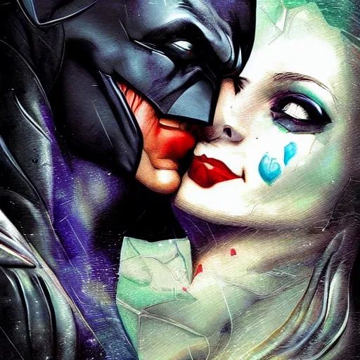 Image similar to batman kiss joker, raining, acrilic paint, digital, artstation, detailed intricate ink illustration, heavenly atmosphere, digital art, overdetailed art, concept art, complementing colors, trending on artstation, cgstudio, the most beautiful image ever created, dramatic, subtle, details, award winning artwork, beautiful scenery