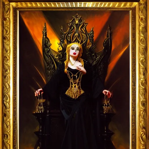 Image similar to perfectly centered portrait of attractive vampire queen in gold gothic robe sitting on a throne of black bones, painting by gaston bussiere, craig mullins, j. c. leyendecker, 8 k, mid shot