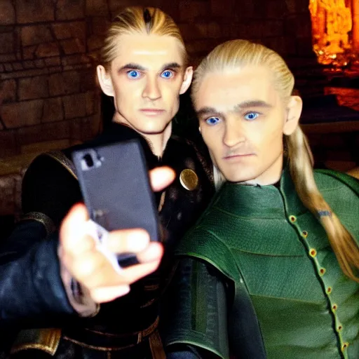 Image similar to legolas from lord of the rings taking a selfie with sauron from lors of the rings