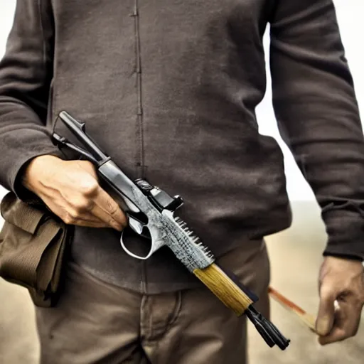 Image similar to man holding a pistol with a extremely long magazine