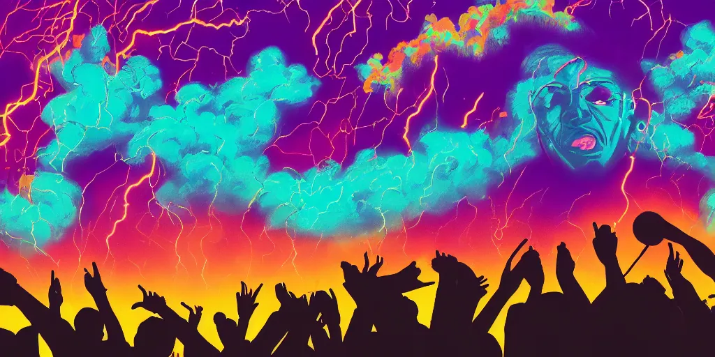 Image similar to rapping into microphone silhouetted against psychedelic lightning, silhouettes, huge crowd, digital art, vapor wave, hip hop, graffiti, trending on Artstation, professional artist, detailed, 4k