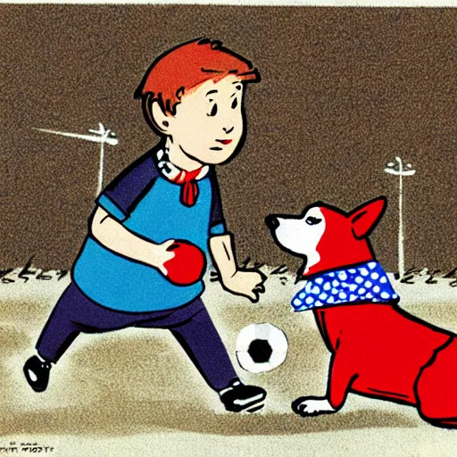 Prompt: illustration of french boy on the streets of paris playing football against a corgi, the dog is wearing a polka dot scarf, comic, 1 9 6 6