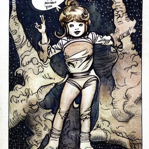 Image similar to a cute little girl with a mischievous face and short brown wavy curly hair. she is dressed as an astronaut. well composed, clean elegant painting, beautiful detailed face. comic book art by steve ditko and jack kirby and ( arthur rackham )