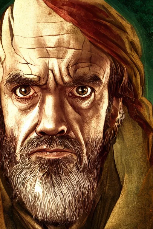 Prompt: portrait, headshot, digital painting, of a 15th century, Tyrion Lannister, old aged, middle eastern, wrinkles, wicked, desert merchant man, dark hair, amber jewels, baroque, ornate dark green clothing, scifi, futuristic, realistic, hyperdetailed, concept art, chiaroscuro, side lighting, art by waterhouse