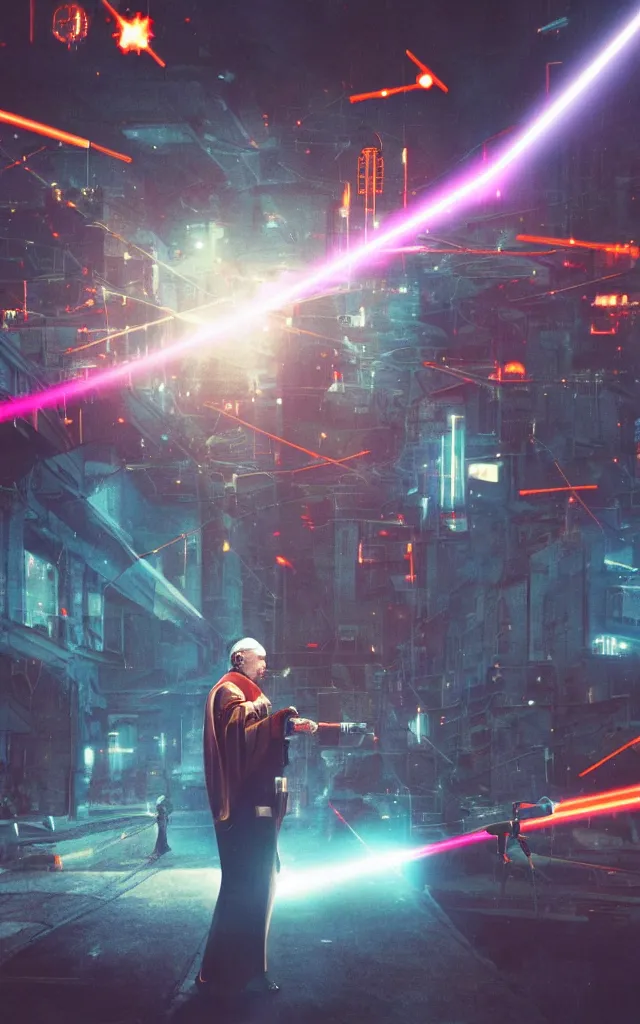 Prompt: Pope shooting bright cross shaped lasers, 80s,glow, science fiction, cyberpunk, neon, low angle shot, cross, pope, movie poster, futuristic, pontifex