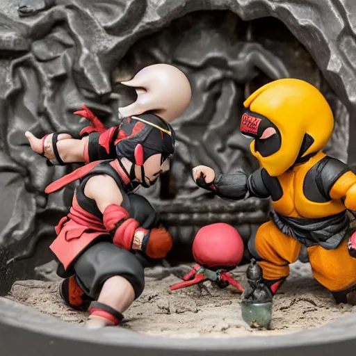 Prompt: photo of figma figures inside a diorama, depicting the cute chibi fighters of mortal kombat brutally fighting each other inside a shaolin temple above a spike - pit.