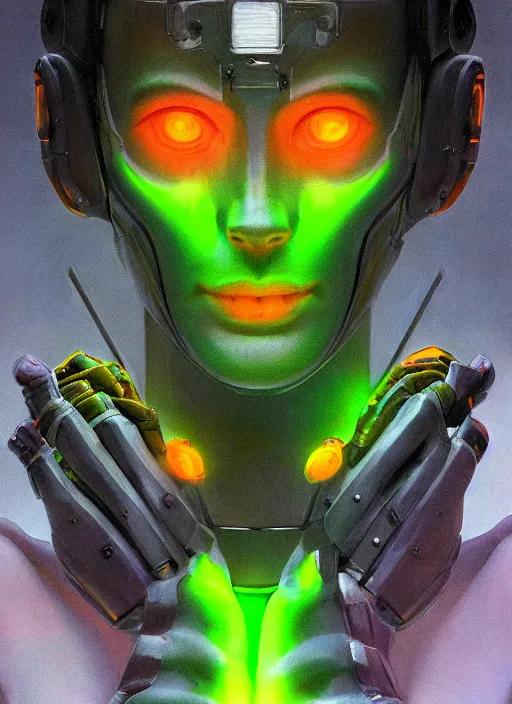 Image similar to ( symmetry ) closeup portrait of a stunning artificial cyborg female scientist, visor, strong cinematic light, backlight glow, green orange, viscous smoke, vapour, mist, by gerald brom, by mikhail vrubel, by peter elson, muted colors, extreme detail, trending on artstation, 8 k