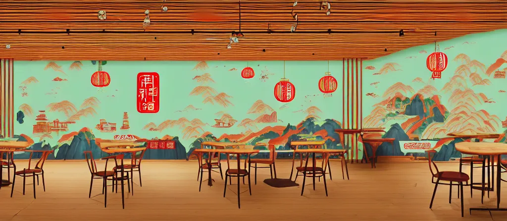 Prompt: a beautiful simple 4 k hd wall paper illustration of interior view of the corner of roasted string hotpot shop, simple style, wall painting, from china, with merchant logo, simple structure, surrealistic, chinese style, victo ngai, james jean, denoise, deblurring