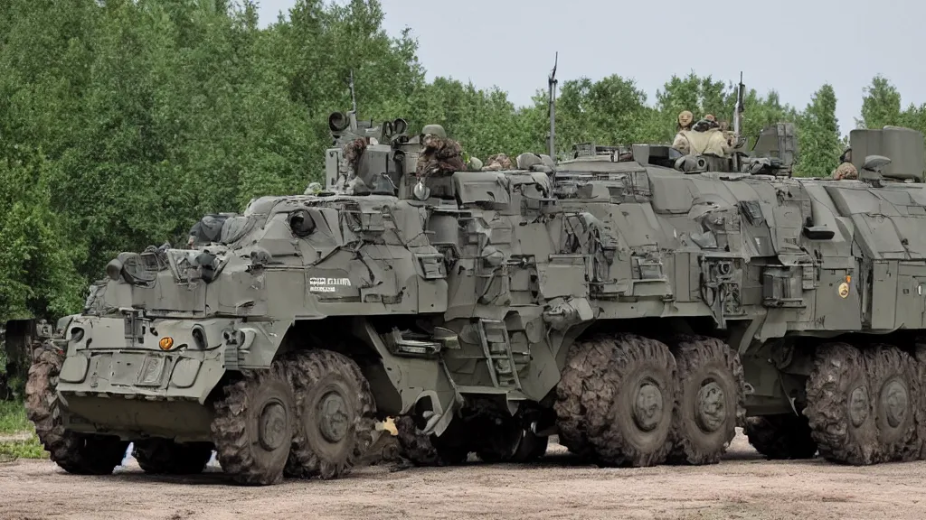 Image similar to A Ukrainian armored battle tractor with weapons