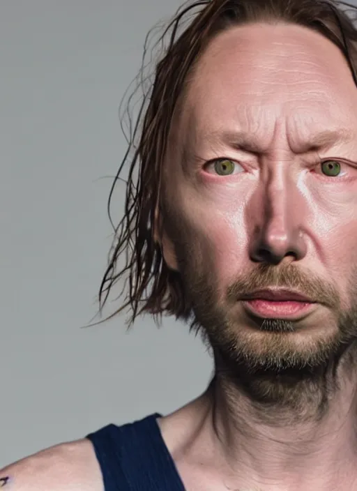 Image similar to A hyper realistic ultra realistic photograph of Thom Yorke with no eyes detailed photorealistic imagery 8k