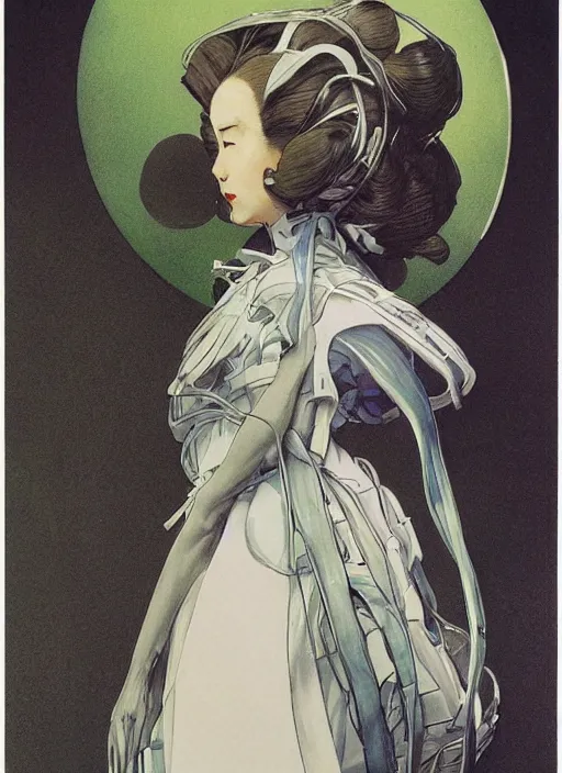 Image similar to a low angle copic maker art nouveau portrait of nobara kugisaki detailed features wearing a puffy futuristic wedding dress designed by balenciaga by john berkey, norman rockwell akihiko yoshida