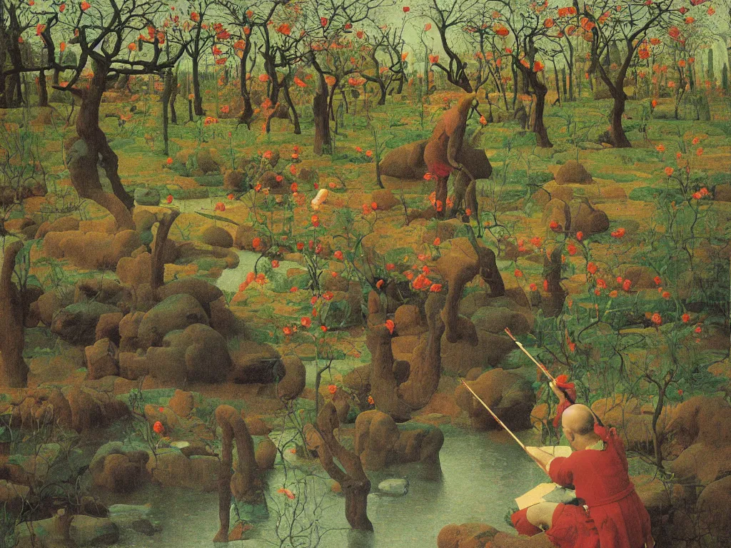 Prompt: Portrait of an artist painting at his easel knee deep in a river. Humanoid rocks, coral-like pebbles, spring orchard in bloom. Painting by Jan van Eyck, Georges de la Tour, Rene Magritte, Jean Delville, Max Ernst, Beksinski