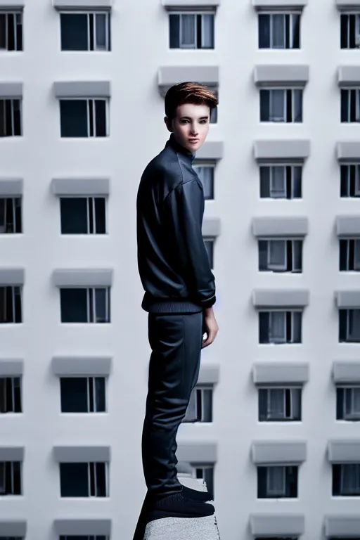 Image similar to un ultra high definition studio quality photographic art portrait of a young man standing on the rooftop of a british apartment building wearing soft padded silver pearlescent clothing. three point light. extremely detailed. golden ratio, ray tracing, volumetric light, shallow depth of field. set dressed.