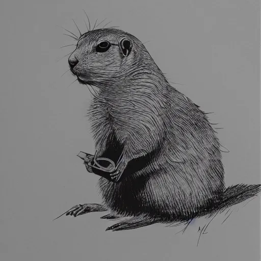 Image similar to a prairie dog wearing a predator mask, black and white sketch