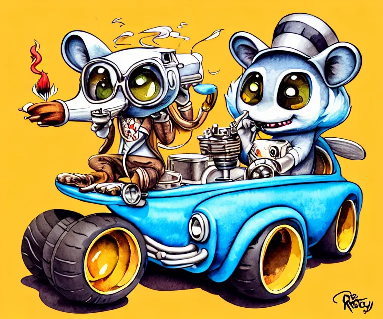 Prompt: cute and funny, [ racoon smoking a cigar ] riding in a tiny hot rod with oversized engine, ratfink style by ed roth, centered award winning watercolor pen illustration, isometric illustration by yuriy shevchuk, edited by range murata, tiny details by artgerm, symmetrically isometrically centered