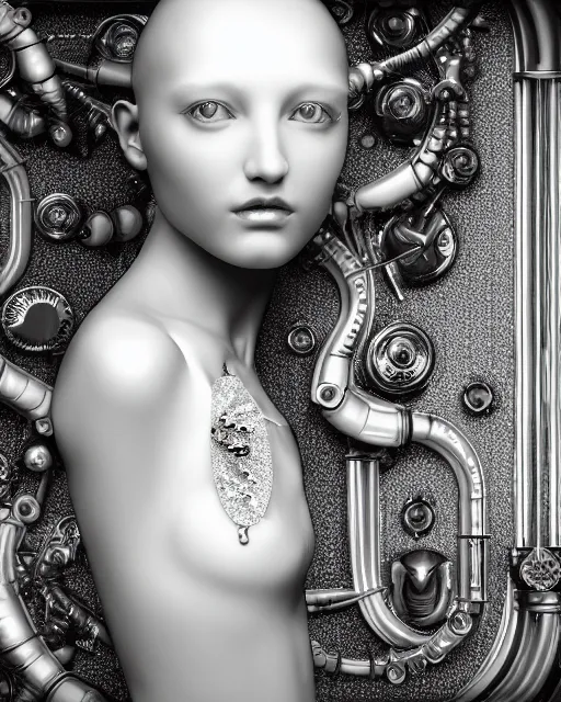 Image similar to mythical dreamy black and white organic translucent bio-mechanical spinal ribbed profile face portrait detail of steampunk mechanical beautiful female angelic-human-queen-realistic-cyborg, highly detailed, intricate crystal jelly ornate, poetic, 3D render, digital art, octane render, 8K artistic photography, photo-realistic, by Dora Maar