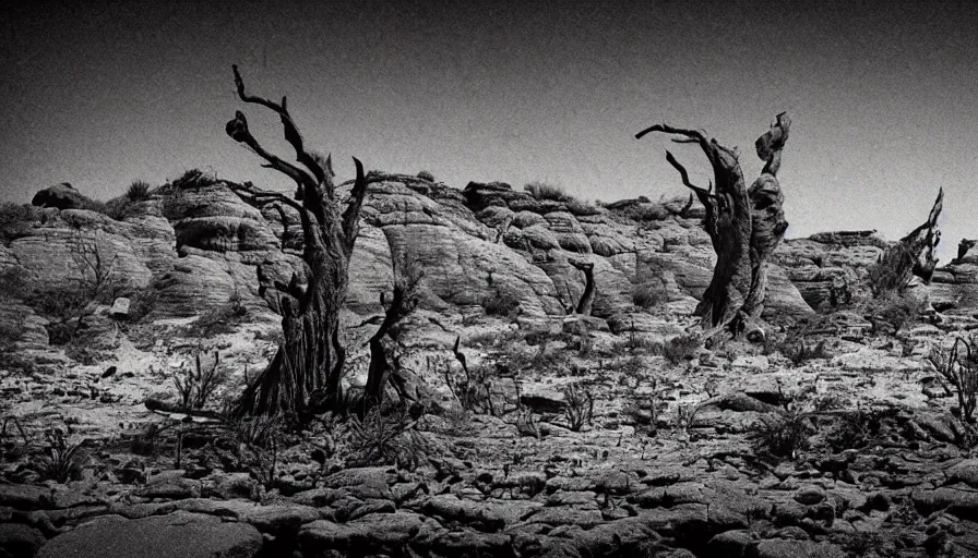 Image similar to petrified forest national park arizona in the style of bernie wrightson horror