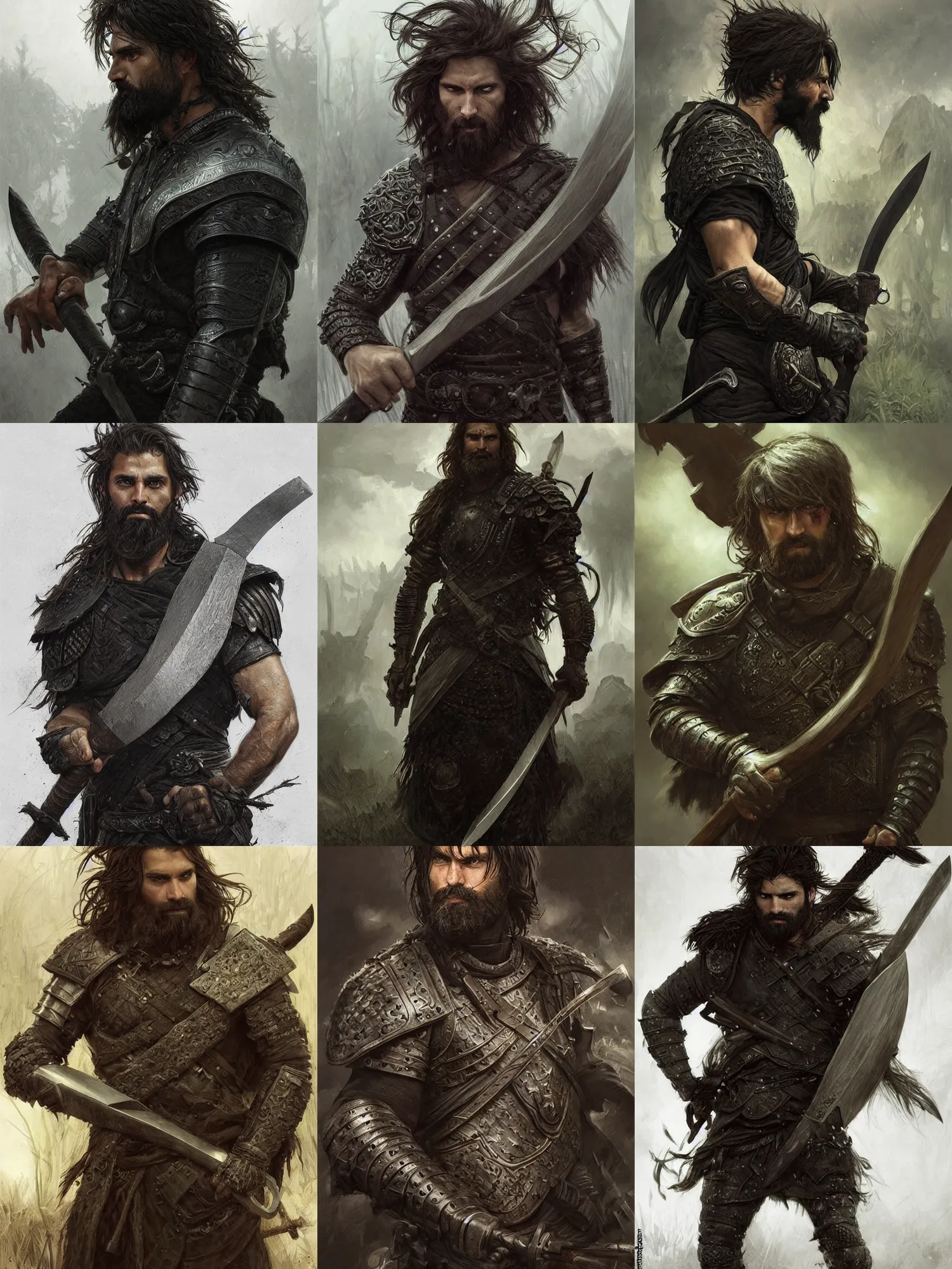 Prompt: picture of male warrior in a greenfield, burly, simple black armor, plated, axe, angry, black messy hair, unkempt beard, highly detailed, detailed face, smooth, sharp focus, chiaroscuro, digital painting, artgerm and greg rutkowski and alphonse mucha