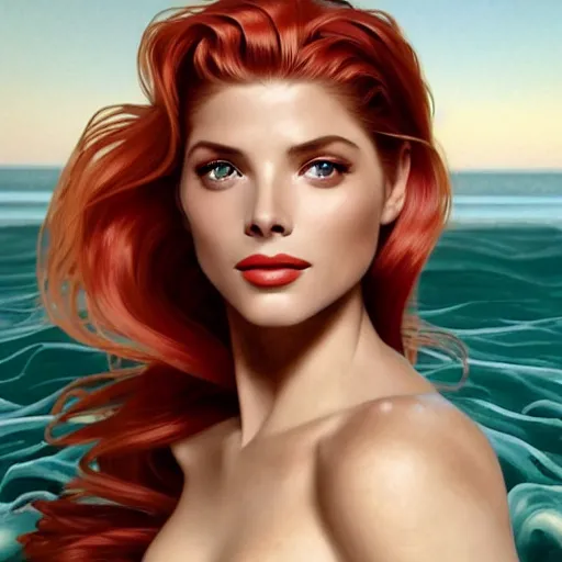 Image similar to A combination of Grace Kelly's and Katheryn Winnick's and Ashley Greene's faces with red hair as a mermaid half submerged on the beach, western, fantasy, intricate, elegant, highly detailed, digital painting, artstation, concept art, matte, sharp focus, illustration, art by Artgerm and Greg Rutkowski and Alphonse Mucha