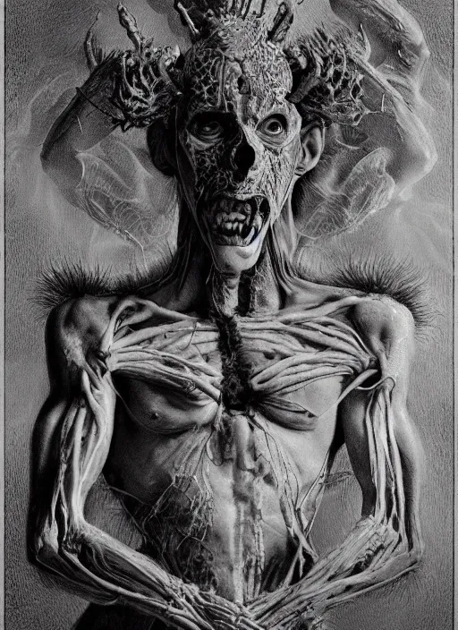 Image similar to portrait of Paimon, one of the kings of hell with translucent skin, visible muscles and veins and arteries and bones and spines and nerves, beautiful detailed intricate insanely detailed octane render, 8k artistic photography, photorealistic, chiaroscuro, by David Cronenberg, Raphael, Caravaggio