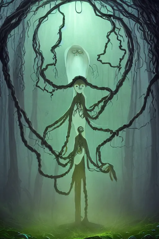 Image similar to A full body portrait of a ghost like shaman with no face, glowing eyes and a very long hooded dark green cloak of leaves and vines, forest spirits flying in the background art in the style of Pixar, ominous, cosmic horror, trending on artstation, Ultra detailed, hyper realistic 4k