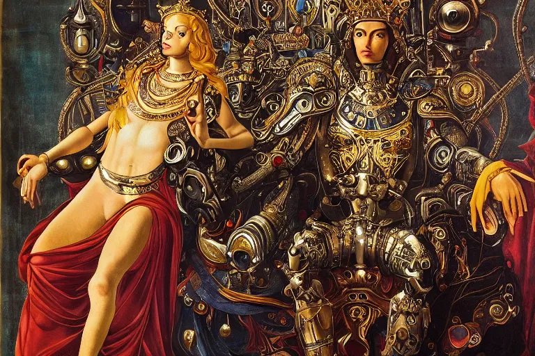 Prompt: beautifully painted mural of a cyborg king in ornate royal metallic fabric sitting in his royal throne room, piercing glowing eyes, sci fi scenery, fantasy setting, vogue cover poses, mural in the style of sandro botticelli, caravaggio, albrecth durer