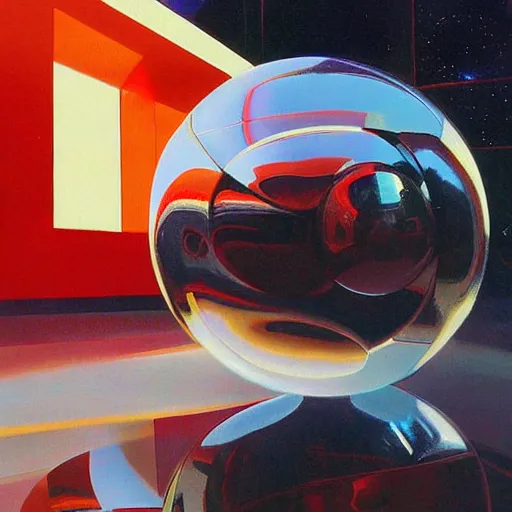 Prompt: chrome spheres on a red cube by peter andrew jones