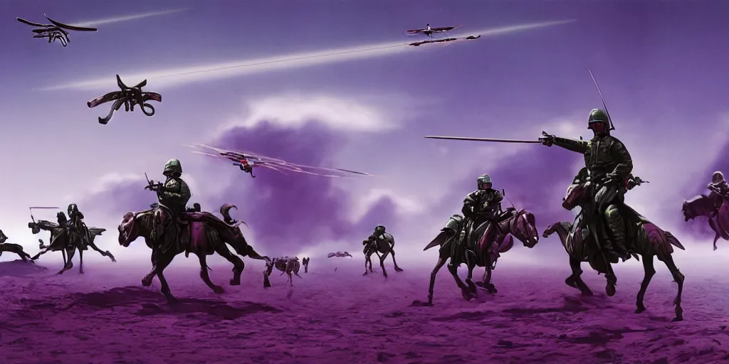 Image similar to neurotic depiction of a battlefield with horses riding drones and militarized turtles, weapon design by zaha hadid, y 2 k aesthetic, dark purple background, chesley bonestell, 4 k