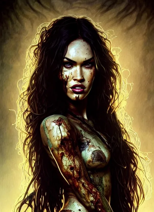 Image similar to portrait of megan fox as damaged zombie, irish, once upon a time, intricate, headshot, highly detailed, digital painting, artstation, concept art, sharp focus, cinematic lighting, illustration, art by artgerm and greg rutkowski, alphonse mucha, cgsociety