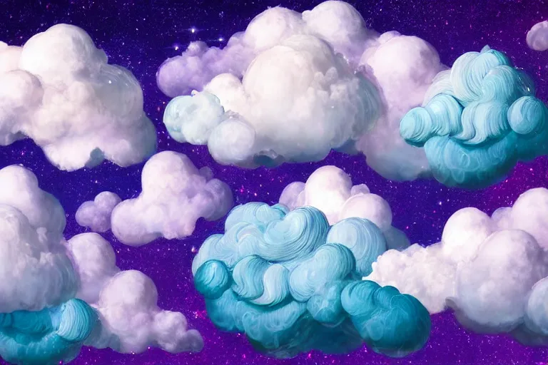 Image similar to a huge flock of many smooth puffy marvelous clouds. whirling ultra detailed gemstone crystals, art nouveau jungle environment, playful, award winning art, epic dreamlike fantasy landscape, ultra realistic,