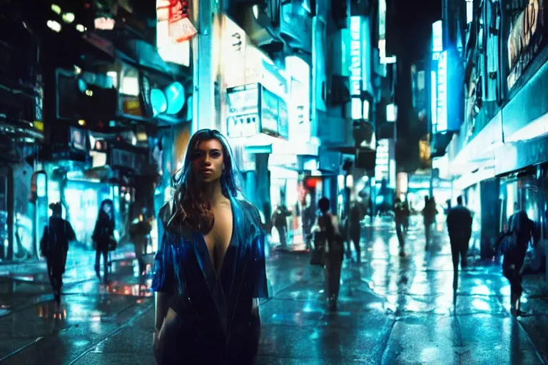 Prompt: VFX movie portrait closeup beautiful blade runner giant hologram woman glowing translucent skin, natural night street lighting in the city alley by Emmanuel Lubezki